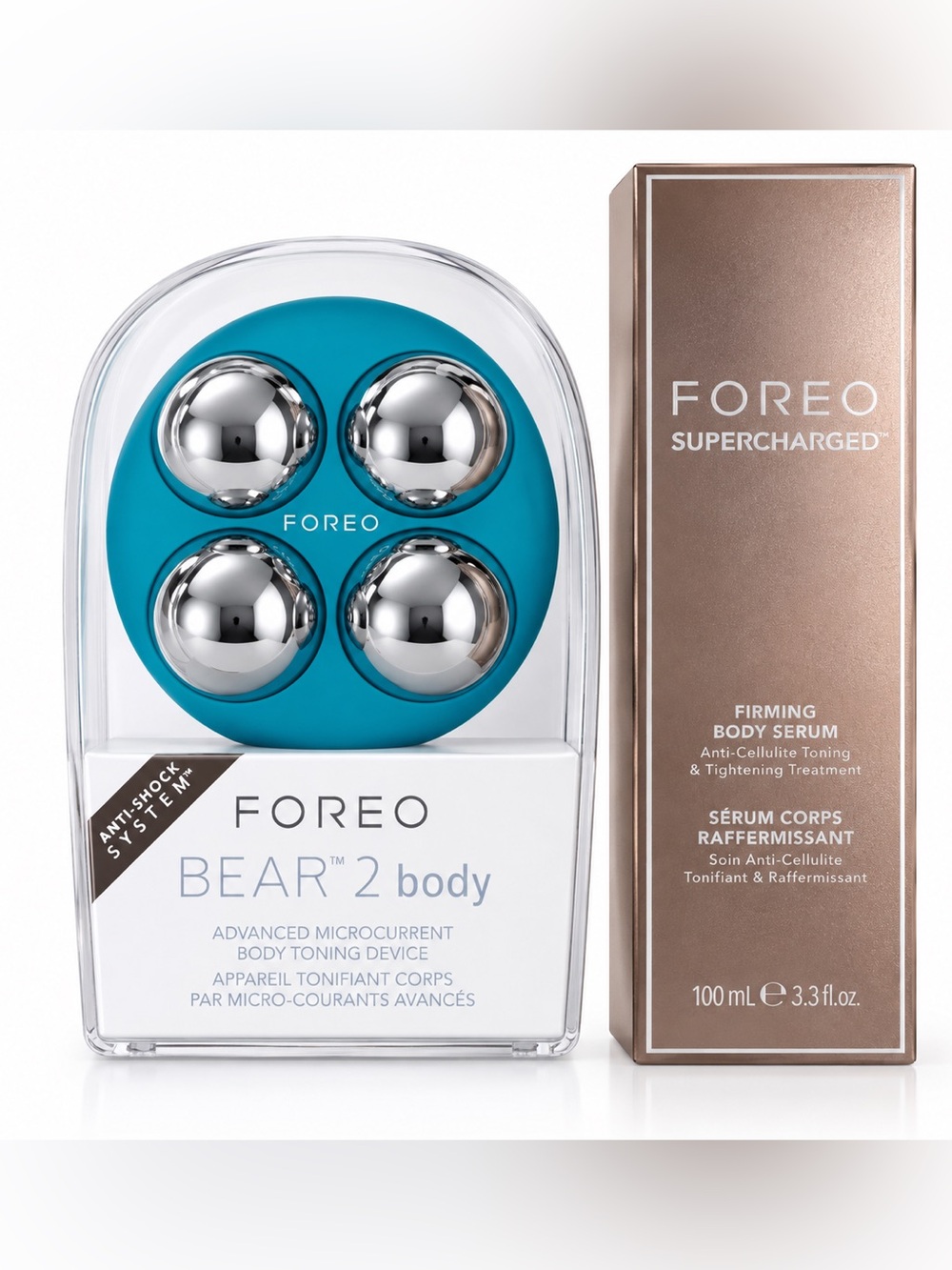 FOREO BEAR 2 Body Microcurrent Device in Turquoise with Bronze Serum Box